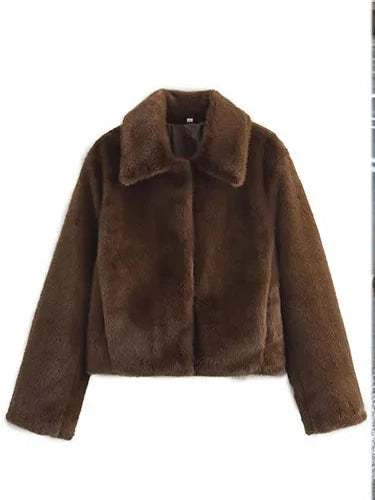 HH Women Casual Brown Short Faux Fur Coat Turn-Down Collar Long Sleeve Jacket 2025 Autumn Winter Loose High Street Outwear