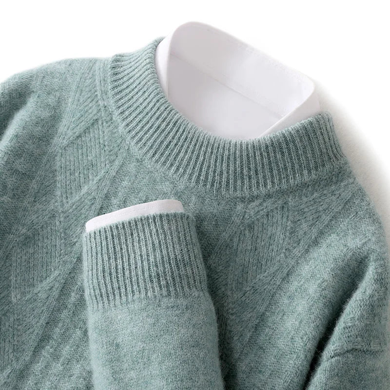 Round neck and long sleeves men's bottoming 100% pure cashmere men's double-stranded thick warm twisted leisure.