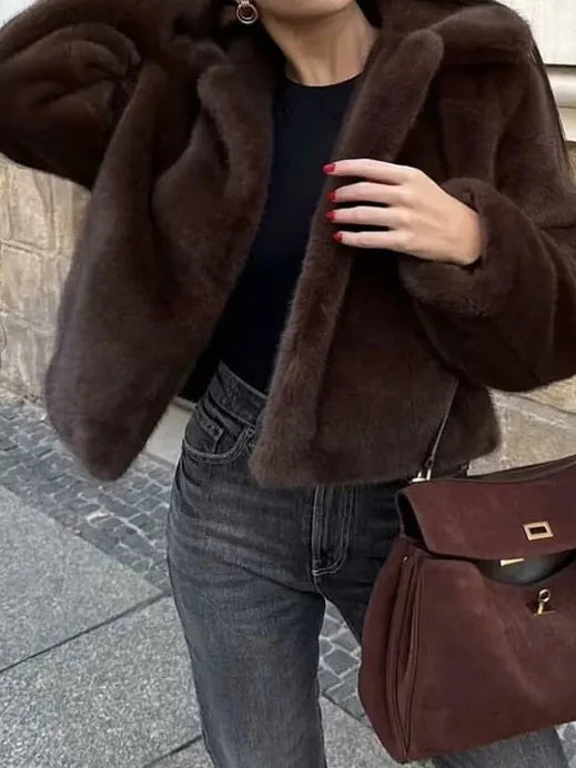 HH Women Casual Brown Short Faux Fur Coat Turn-Down Collar Long Sleeve Jacket 2025 Autumn Winter Loose High Street Outwear