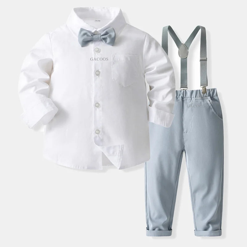 Boys Wedding Clothing Set Solid Cotton Shirt with Pants Kid Suspender Suit 0 1 2 3 4 Years Fall Birthday Costume Gentleman Child