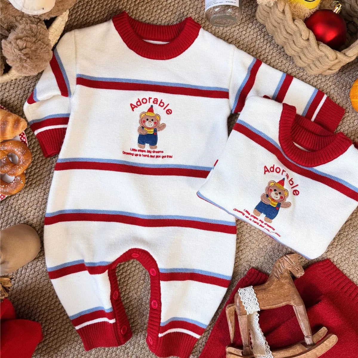 Winter Family Matching Sweaters for Mom Dad Baby Toddler New Year Outfit Christmas Holiday Homewear Cartoon Bear Stripe Knitwear