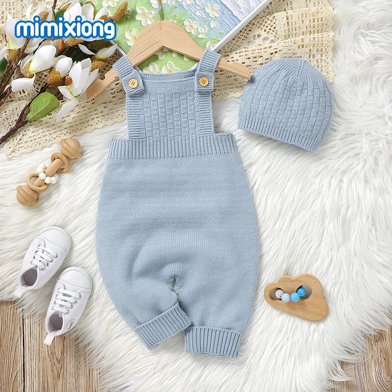 Newborn Baby Sleeveless Rompers Sleeveless Knit Infant Boys Girls Strap Jumpsuits Hats Clothes Sets 0-18m Toddler Playsuits 2pcs