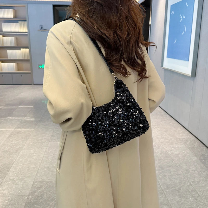 New women's Korean fashion bag with sequin decoration, versatile square shoulder purse, trendy small handbag for daily wear