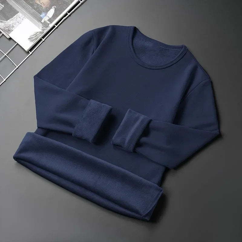Men's Fleece Lined Thickened Long Sleeve T-Shirt round Neck Base Shirt Autumn Clothes Winter Long Sleeve Breathable Casual Wear