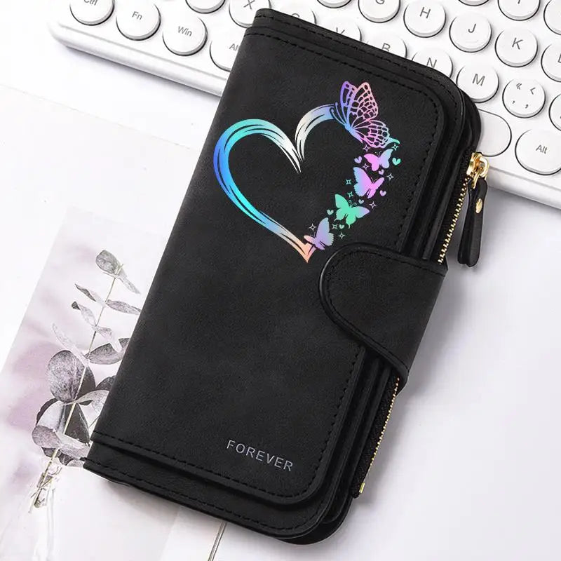 Women Butterfly Long Zipper Wallet Buckle Handbags Coin Purse Soft PU Leather Multi-Card Holder Cute Large Capacity Bag Gift