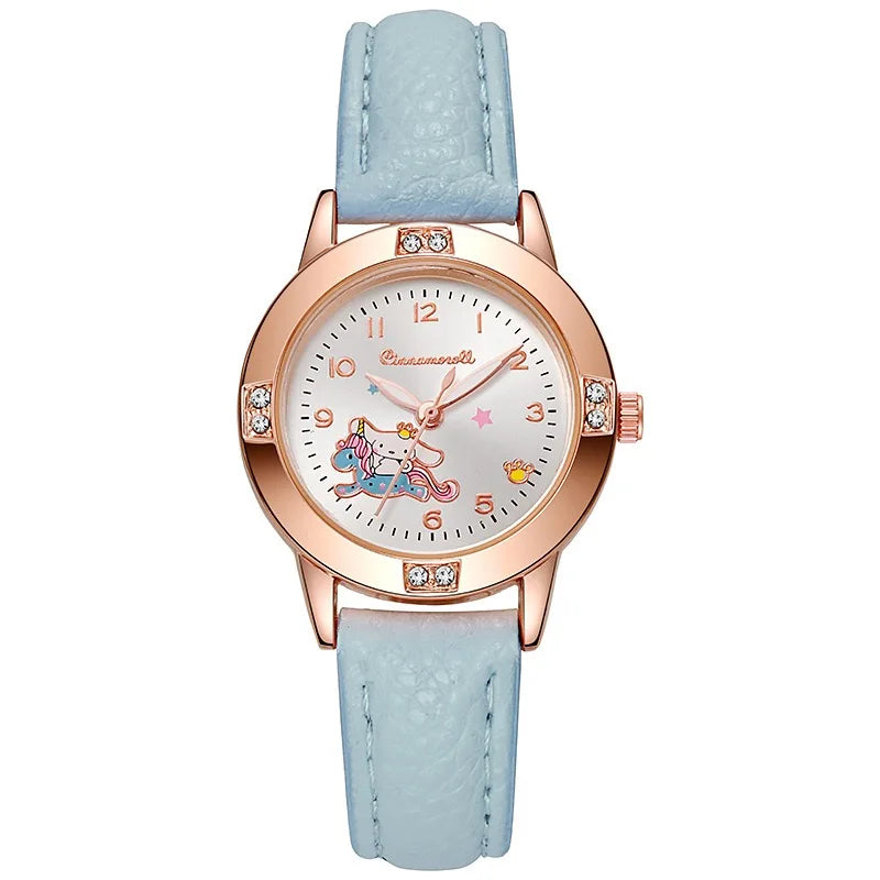 Cartoon Princess Girl Children's Fashion Watch Quartz Movement PU Leather Strap Female Student Watch Suitable for Children's Gif
