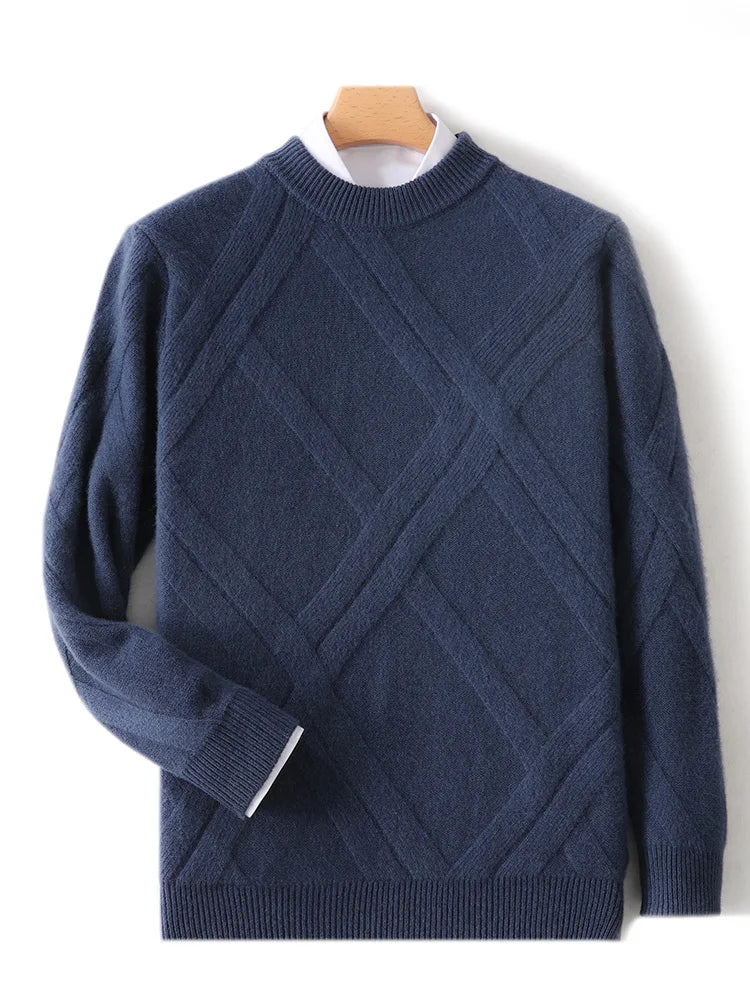 Choice New Men Autumn Winter Wool Sweater Mock Neck Long Sleeve Pullover 100% Merino Wool Knitwear Rhombus Knit Clothing Tops