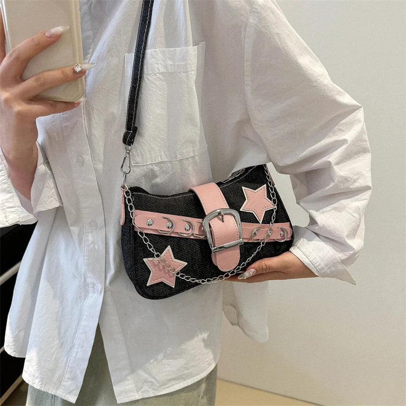 Fashion Women's Handbags Denim Stars Pattern Cool Girls Underarm Bag Female Small Shoulder Hobo Bags Chain Tote Bag