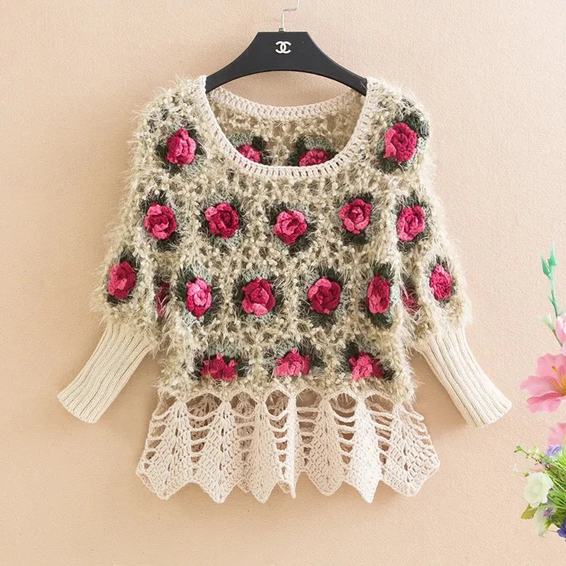 Sweater Women's Autumn 2023 New Crochet Knitwear Short Bat Pullover Sweaters Female Round Neck Bat Sleeve Top