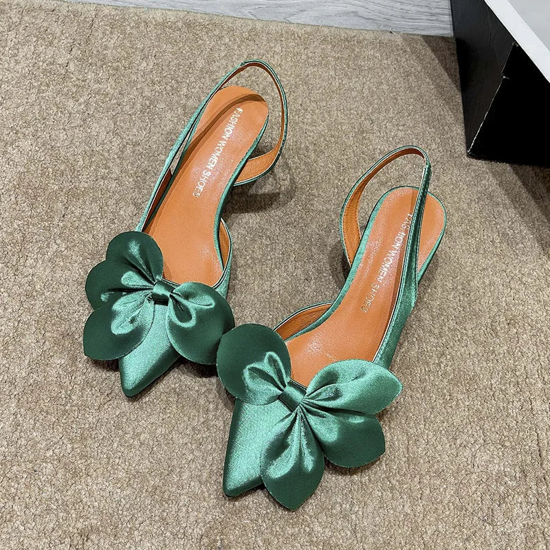 High Heels For Women Spring Summer Pointed Toe Shallow Mouth Versatile Slip-Ons With Silk Bowknot And Thin Heel