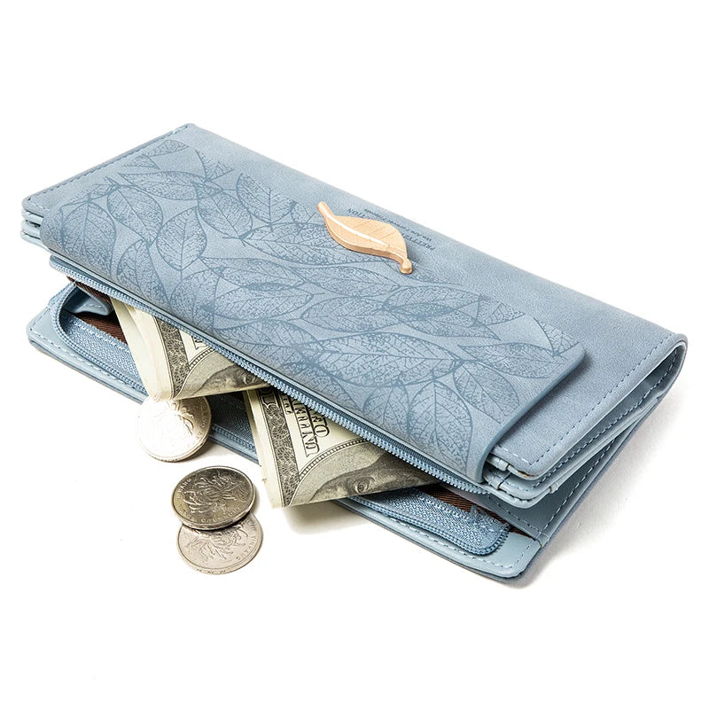 Purse Female Niche Design Retro Simple Long Mobile Phone Bag Frosted Leaf Women's Purse 2023 New Trend All-Matching Wallet Women
