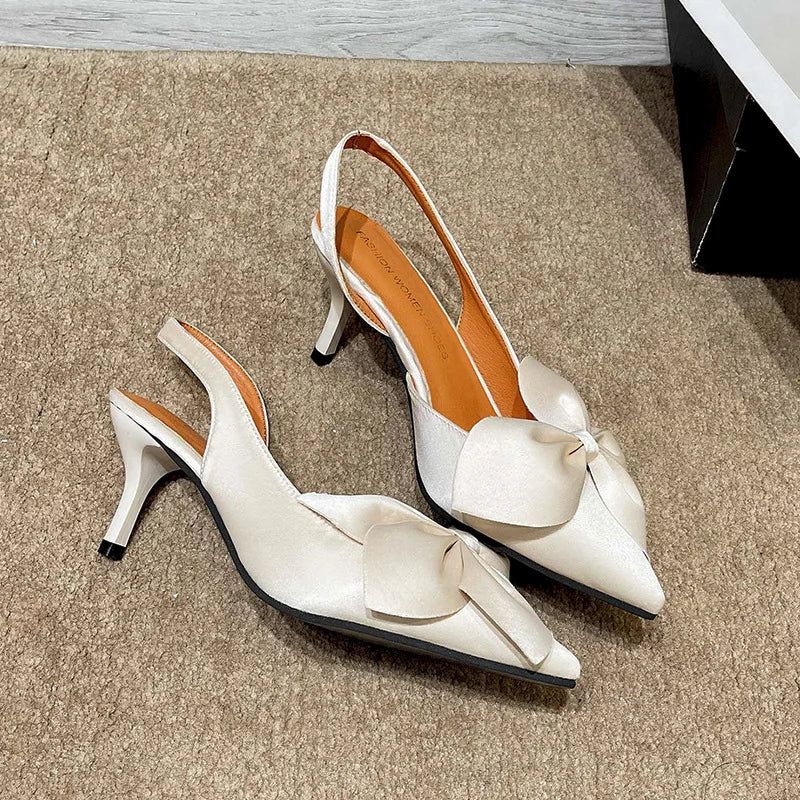 High Heels For Women Spring Summer Pointed Toe Shallow Mouth Versatile Slip-Ons With Silk Bowknot And Thin Heel