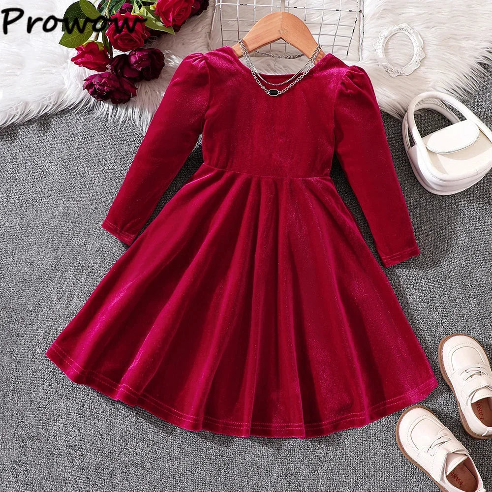 Prowow Children's Party Dresses Girls Clothing Long Sleeve Bow Hollow Out Pink Velvet Dress For Girls Kids Fall Winter Clothes