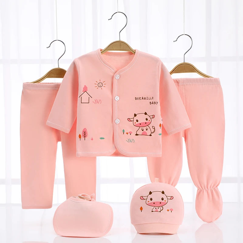 Newborn Baby Clothes Set ( 5pcs/set) Infant Girl Boy Shirt Pant Bib Hat Clothing Suit