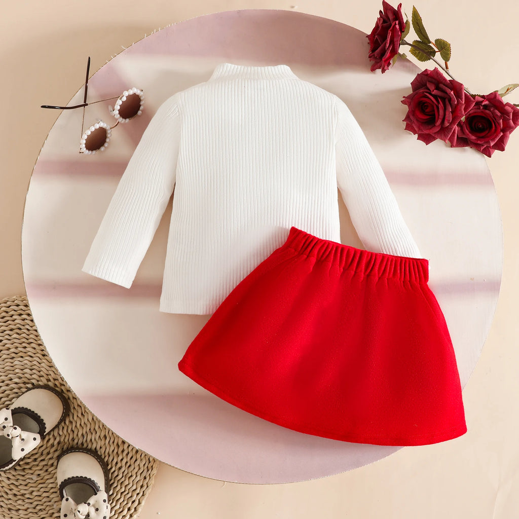 Pudcoco Toddler Baby Girl Fall Outfit Heart Mock Neck Long Sleeve Tops with 3D Flower Mini A Line Skirt 2Pcs Set 6M-4T