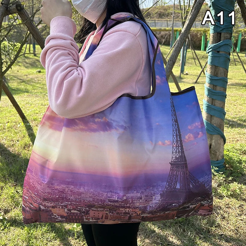 New Fashion Bag Foldable Shopping Bag Reusable Grocery Storage Bag Nylon Portable Shoulder Handbag Travel Tote Bag