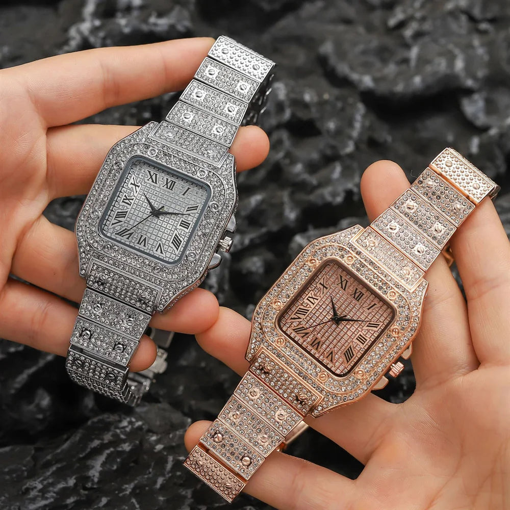 Men's Luxury Full Diamond Square Watch Iced Out Crystal Quartz Wristwatch Business Casual Waterproof Timepiece