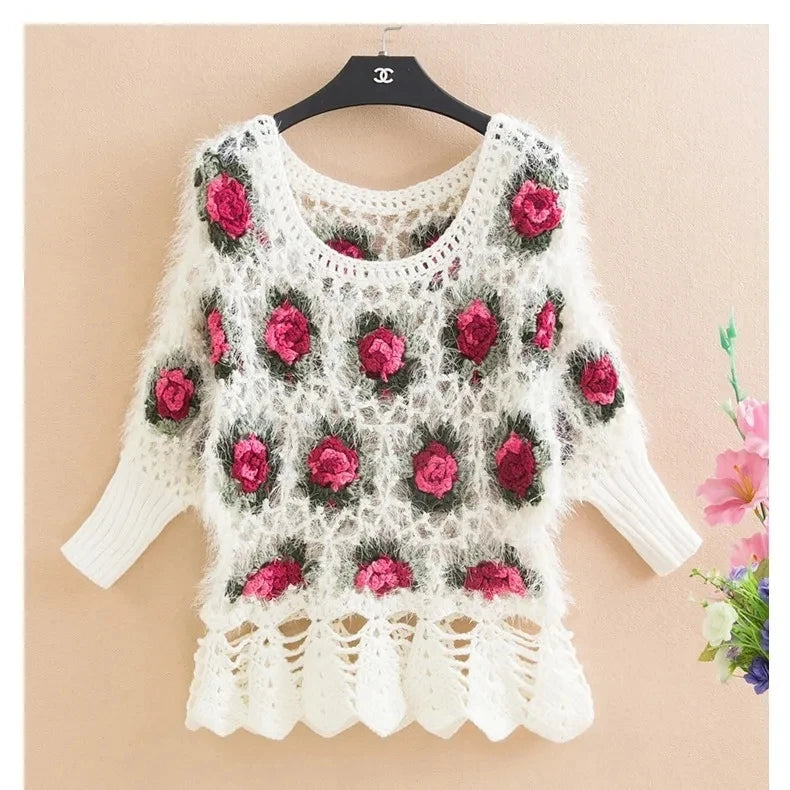 Sweater Women's Autumn 2023 New Crochet Knitwear Short Bat Pullover Sweaters Female Round Neck Bat Sleeve Top