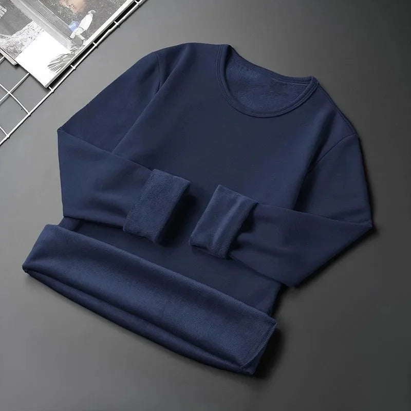 Men's Fleece Lined Thickened Long Sleeve T-Shirt round Neck Base Shirt Autumn Clothes Winter Long Sleeve Breathable Casual Wear