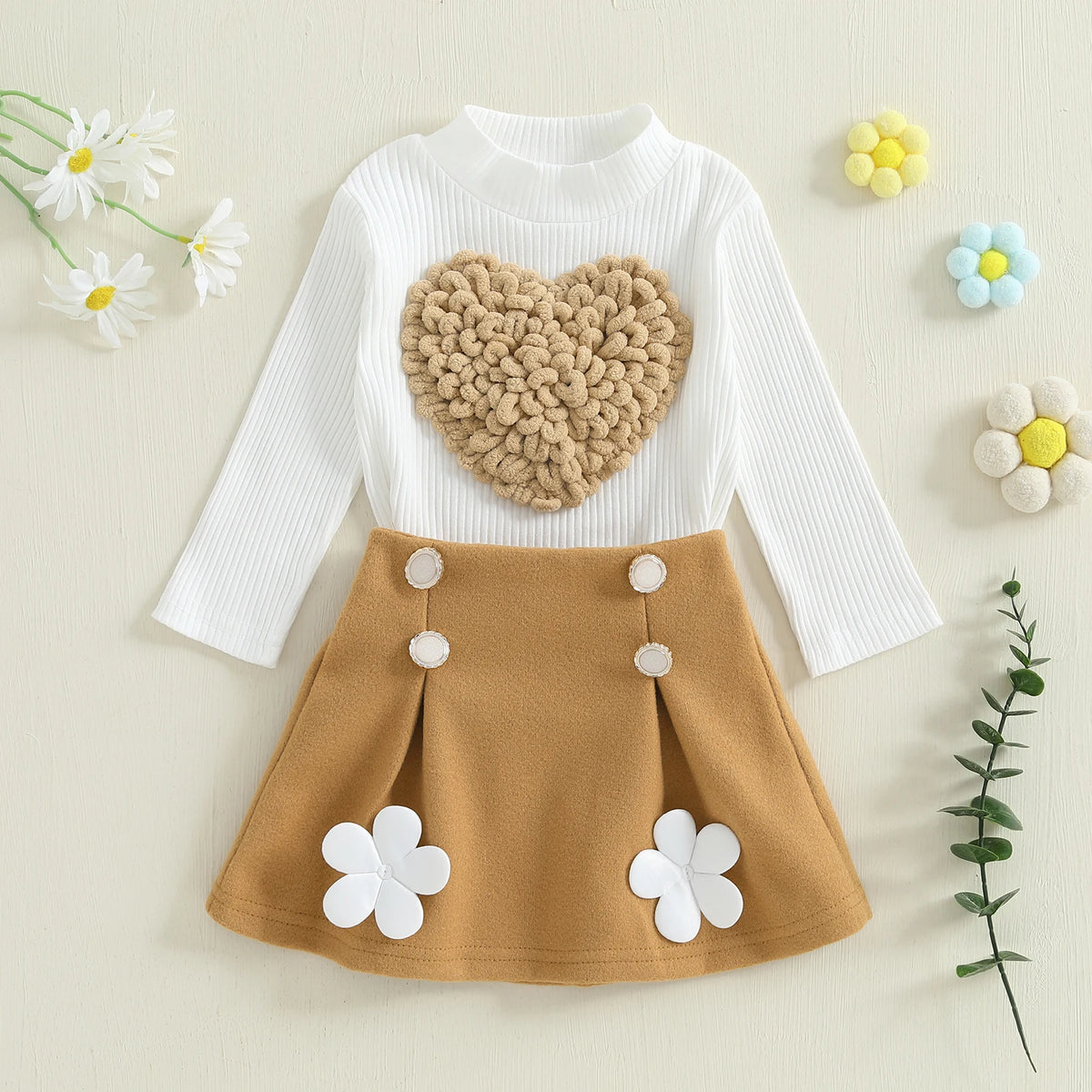 Pudcoco Toddler Baby Girl Fall Outfit Heart Mock Neck Long Sleeve Tops with 3D Flower Mini A Line Skirt 2Pcs Set 6M-4T