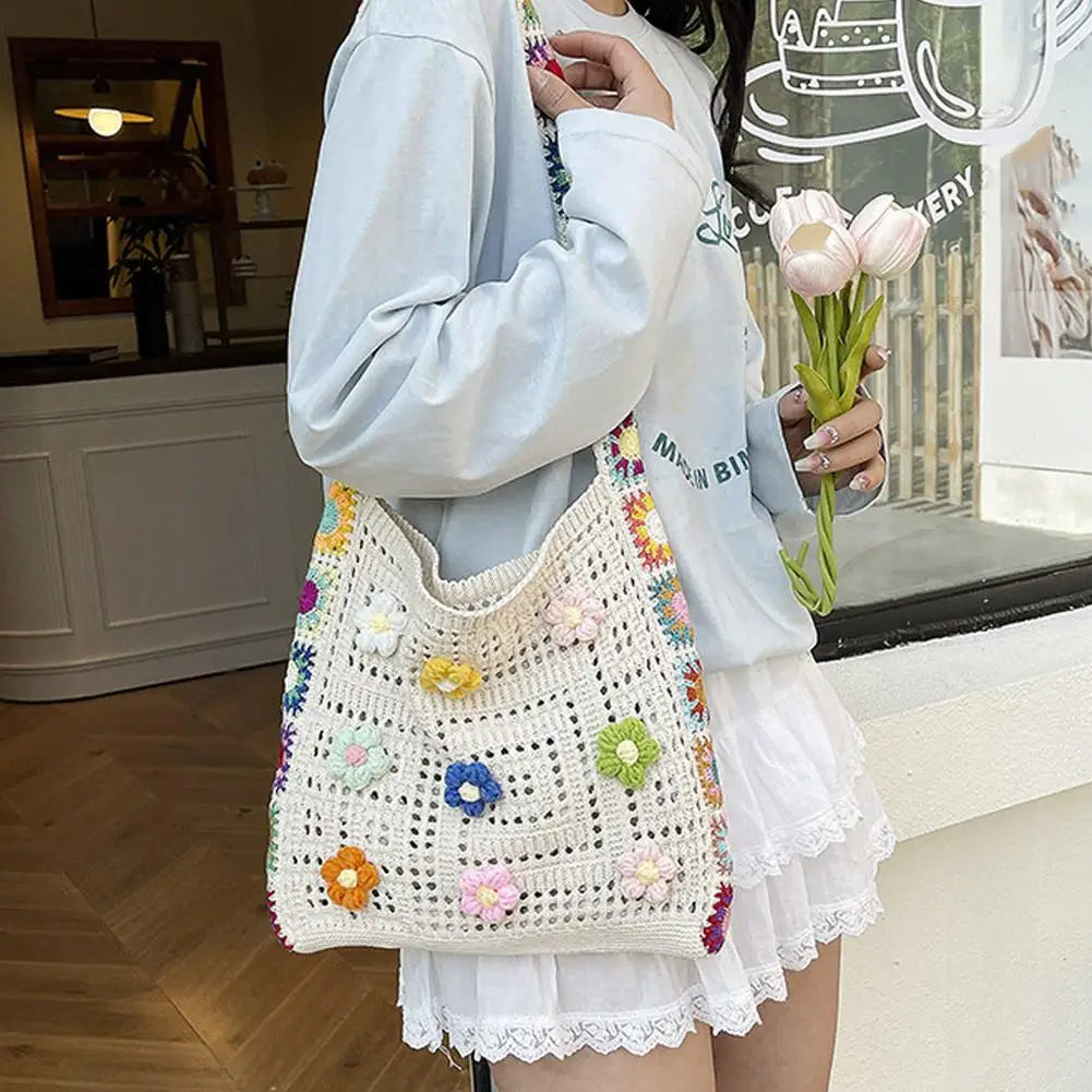 Knitted Bag Summer Beach Bag Forest-inspired Boho Crochet Bag Flowers Knitted Handbags Crossbody Shoulder Ladies Fashion Bag