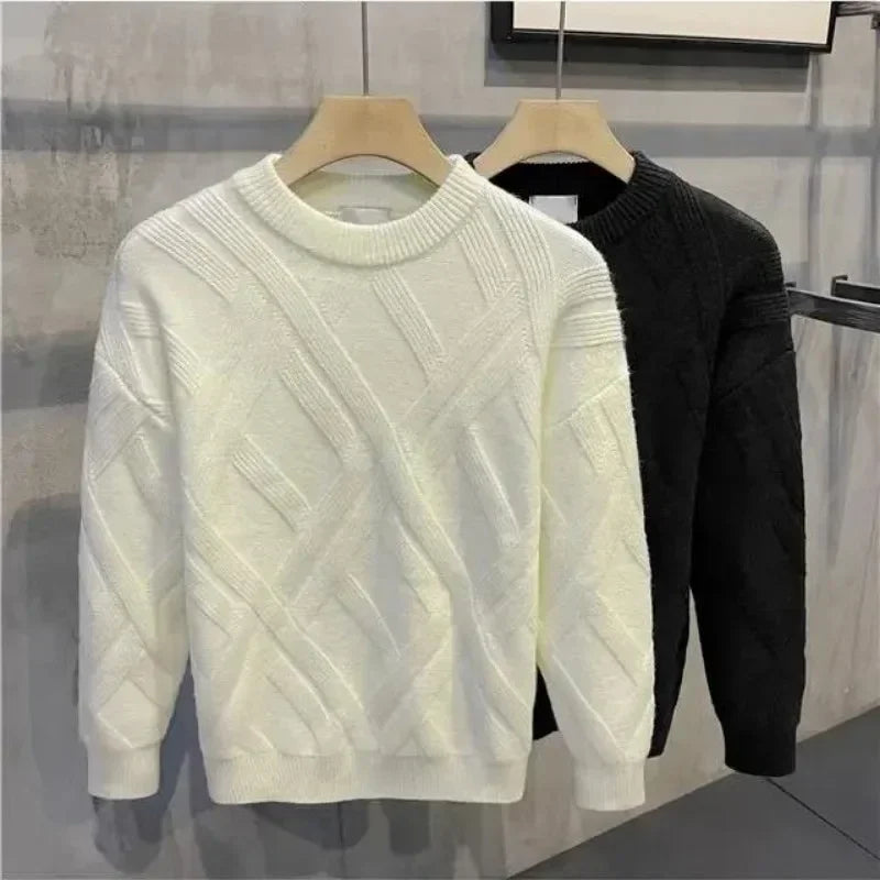 Knitted Sweaters for Men Solid Color Man Clothes Plain Crewneck Pullovers Beige Round Collar Maletry Sweat-shirt Knitwears T A S