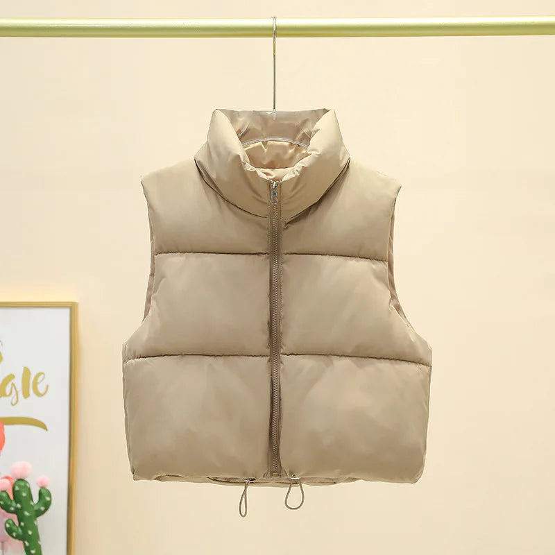 Winter Short Down Sleeveless Vest Women Warm Stand Collar Zipper Jacket Casual Fashion Quilted Cropped Coats Street Outerwears