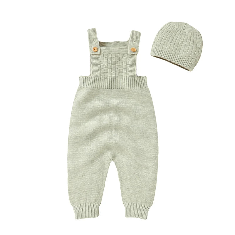 Newborn Baby Sleeveless Rompers Sleeveless Knit Infant Boys Girls Strap Jumpsuits Hats Clothes Sets 0-18m Toddler Playsuits 2pcs
