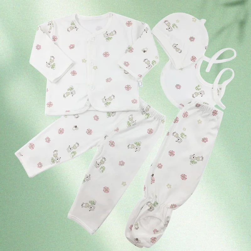 Newborn Baby Clothes Set ( 5pcs/set) Infant Girl Boy Shirt Pant Bib Hat Clothing Suit