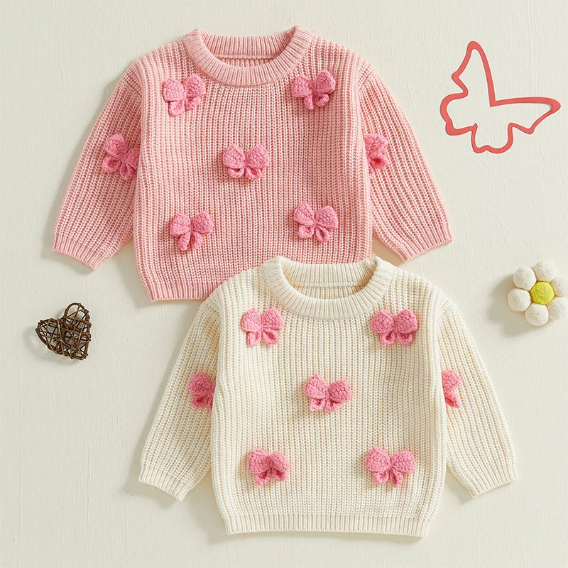 Pudcoco Toddler Kids Baby Girl Fall Sweater 3D Bowknot Long Sleeve Crew Neck Warm Clothes Winter Knitwear 9M-4T