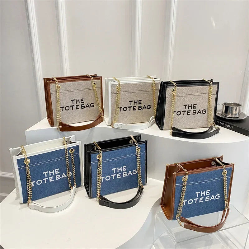New Denim Patchwork Commuter Bag for Women, Large Capacity Embroidered Lettering Chain Underarm Crossbody Bag