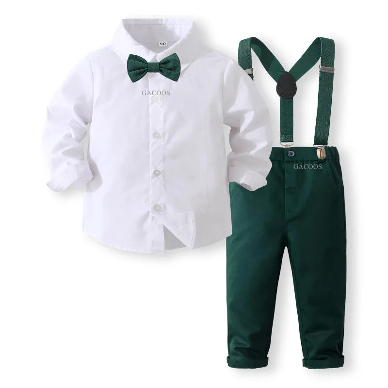 Boys Wedding Clothing Set Solid Cotton Shirt with Pants Kid Suspender Suit 0 1 2 3 4 Years Fall Birthday Costume Gentleman Child