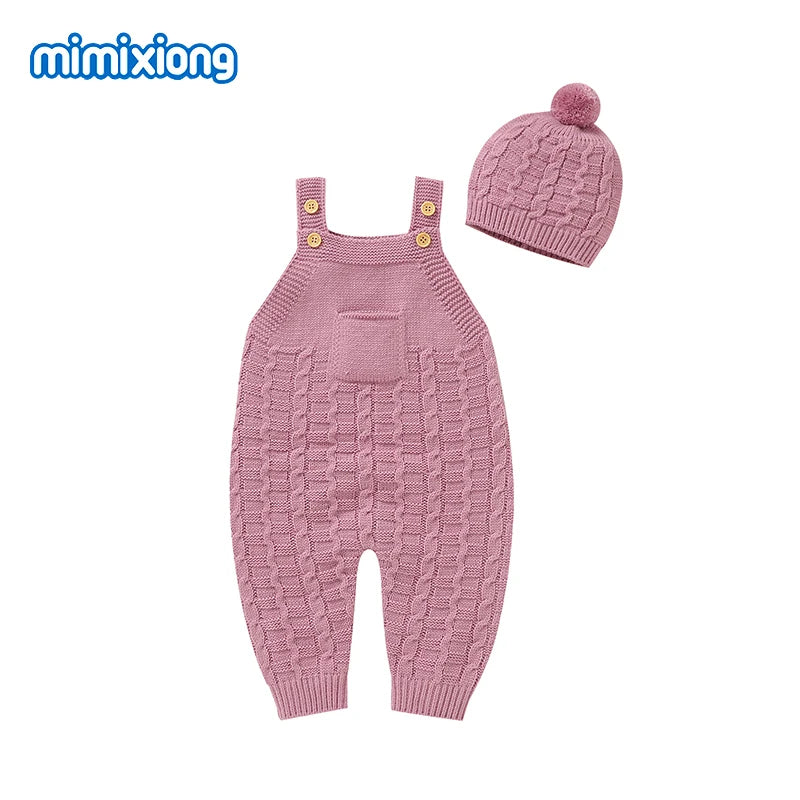 Fashion Sleeveless Knitted Baby Rompers Hats Clothes Sets Newborn Boy Girl Solid Jumpsuits Outfits Spring Autumn Infant Overalls