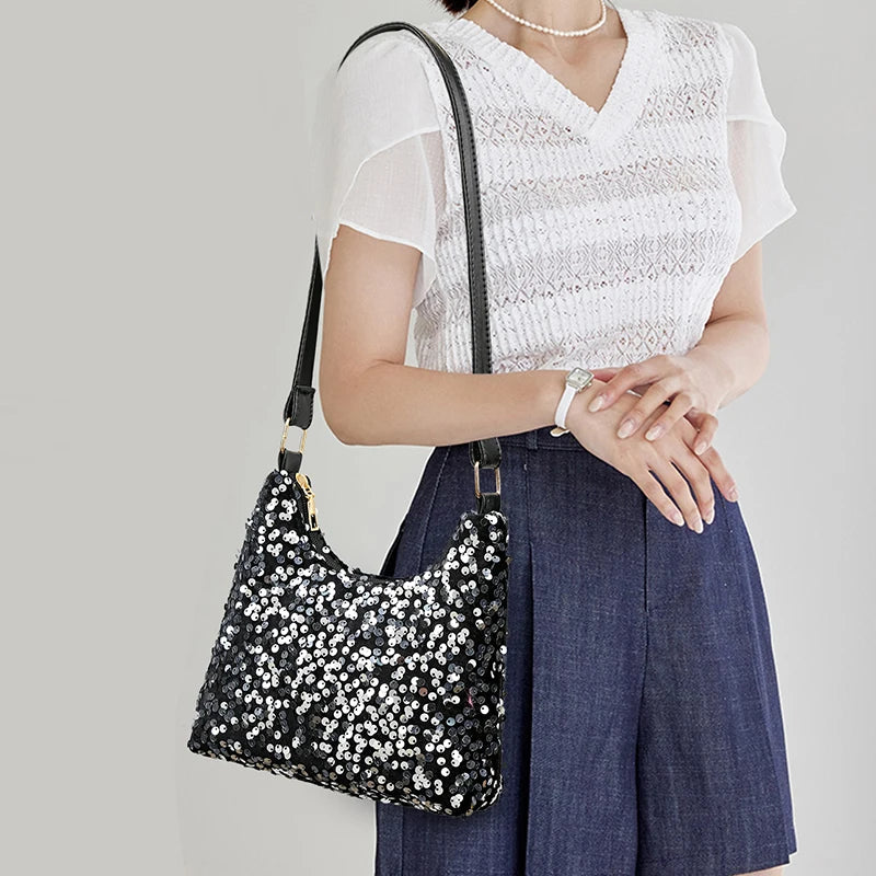 New women's Korean fashion bag with sequin decoration, versatile square shoulder purse, trendy small handbag for daily wear