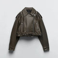 Faux PU Leather Jacket Casual Lady Lapel Zipper Short Leather Jacket High Women's Street Motorcycle Coat Tops