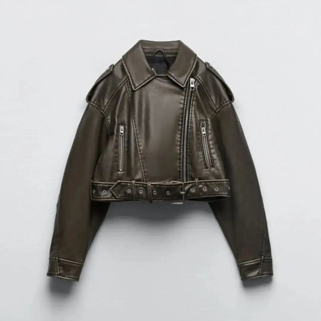 Faux PU Leather Jacket Casual Lady Lapel Zipper Short Leather Jacket High Women's Street Motorcycle Coat Tops