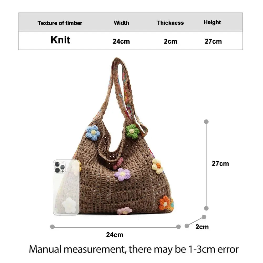 Knitted Bag Summer Beach Bag Forest-inspired Boho Crochet Bag Flowers Knitted Handbags Crossbody Shoulder Ladies Fashion Bag