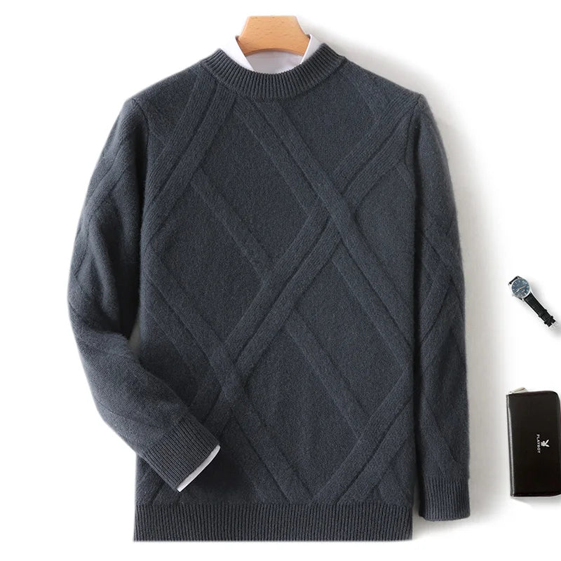 Round neck and long sleeves men's bottoming 100% pure cashmere men's double-stranded thick warm twisted leisure.