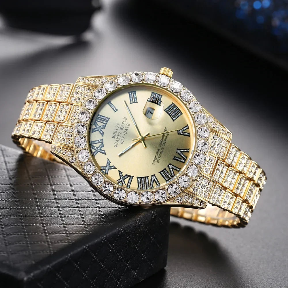 Hot Sale Diamond Bling Watch Men Gold Color Luxury Gift Quartz Watches Male Clock Dropshipping  Rhinestone Calendar Wristwatch