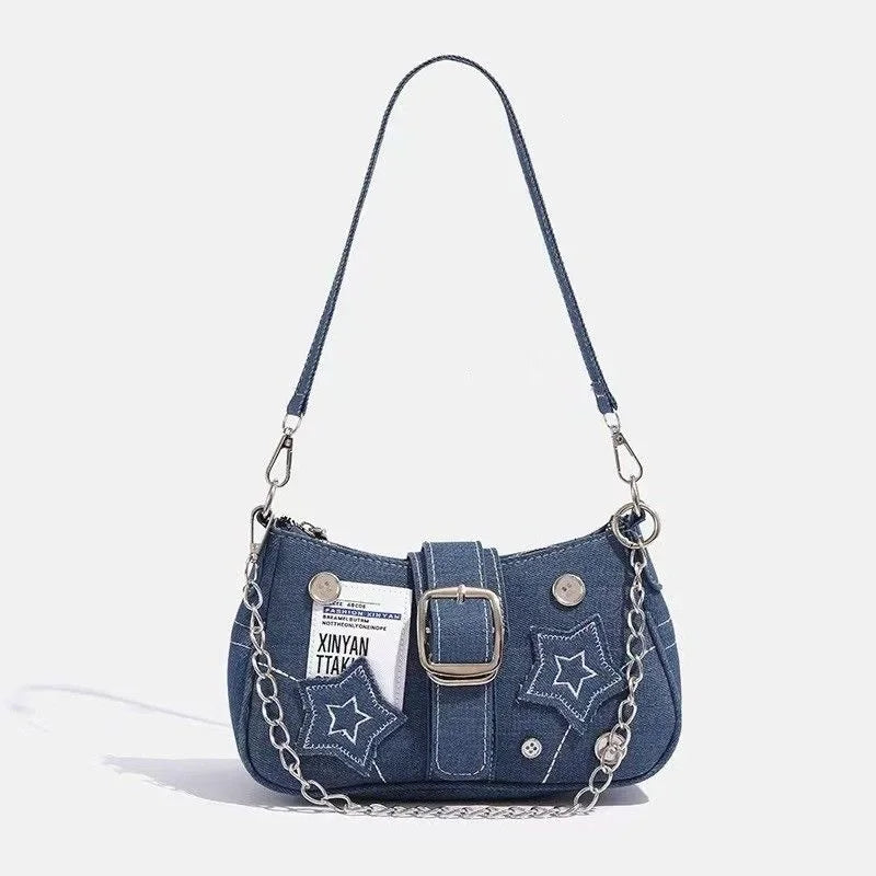 Vintage Canvas Female Small Shoulder Bags Chain Tote Purses Y2k Fashion Women's Handbags Stars Pattern Cool Girls Underarm Bag