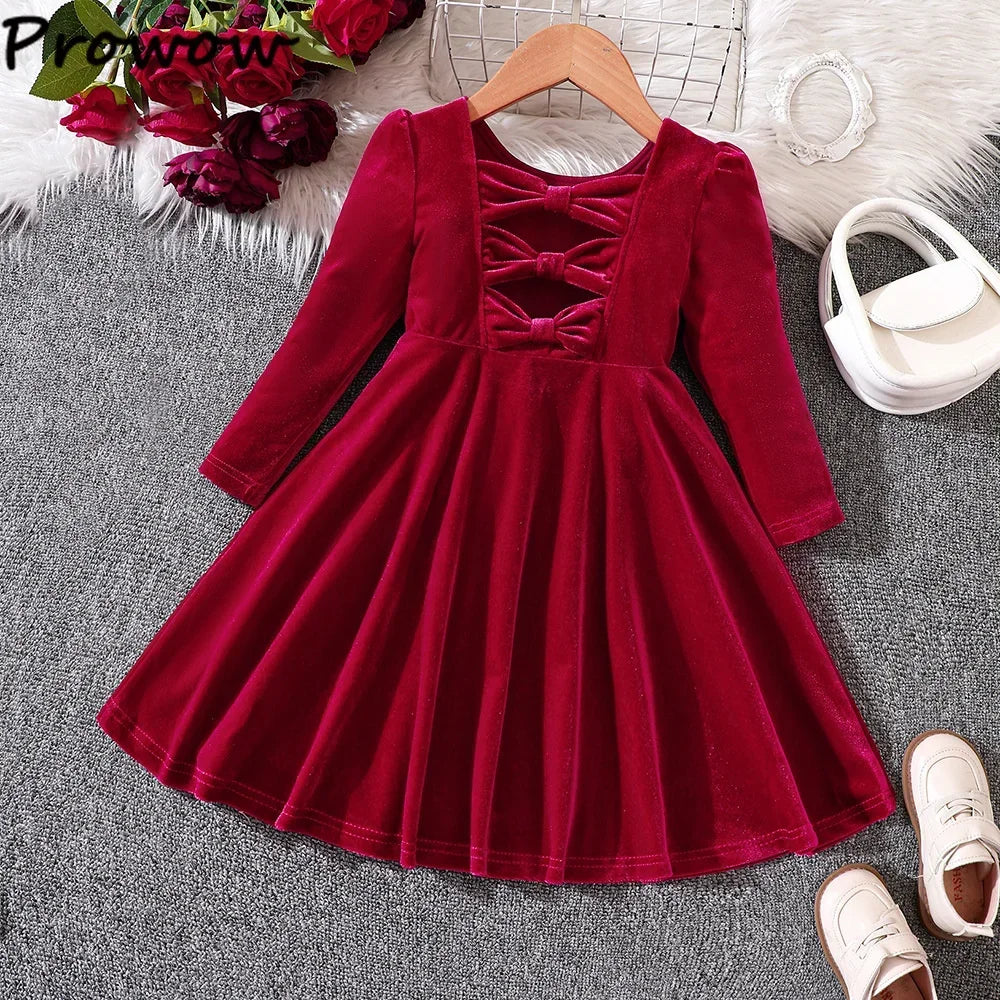 Prowow Children's Party Dresses Girls Clothing Long Sleeve Bow Hollow Out Pink Velvet Dress For Girls Kids Fall Winter Clothes