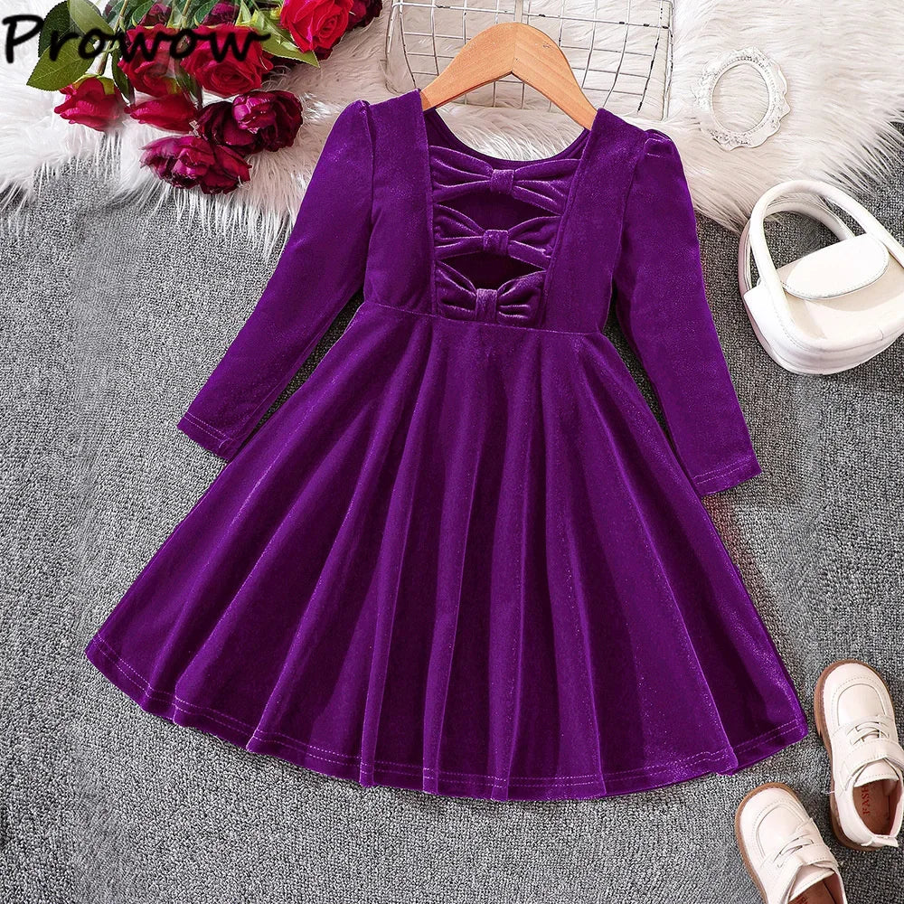 Prowow Children's Party Dresses Girls Clothing Long Sleeve Bow Hollow Out Pink Velvet Dress For Girls Kids Fall Winter Clothes