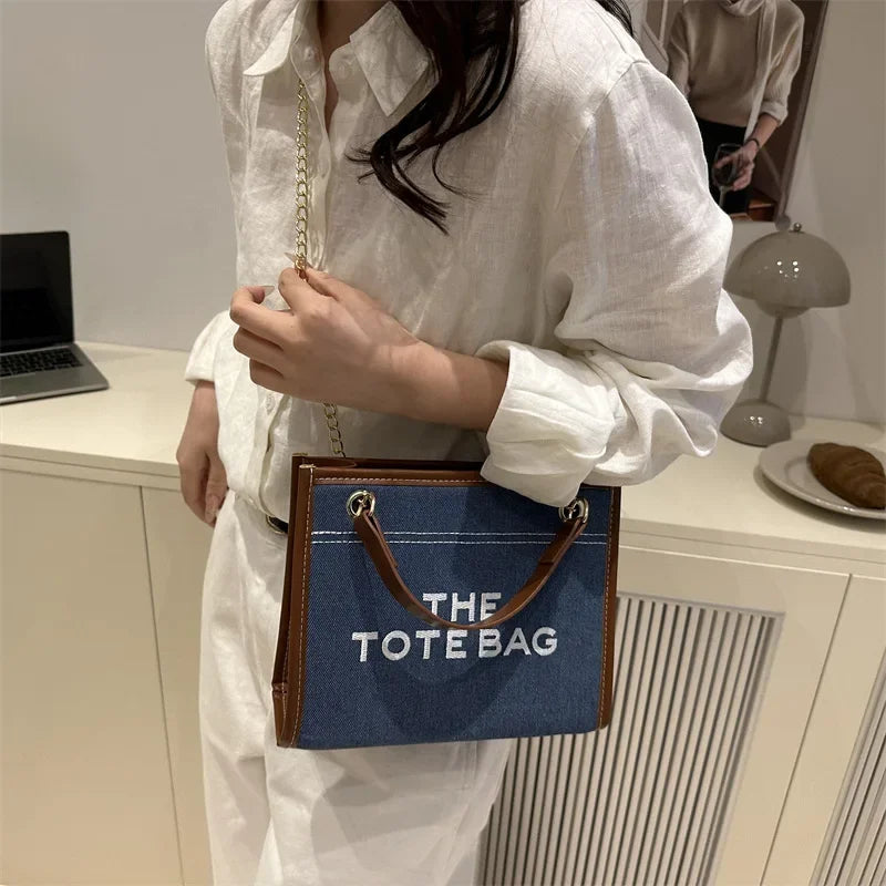New Denim Patchwork Commuter Bag for Women, Large Capacity Embroidered Lettering Chain Underarm Crossbody Bag