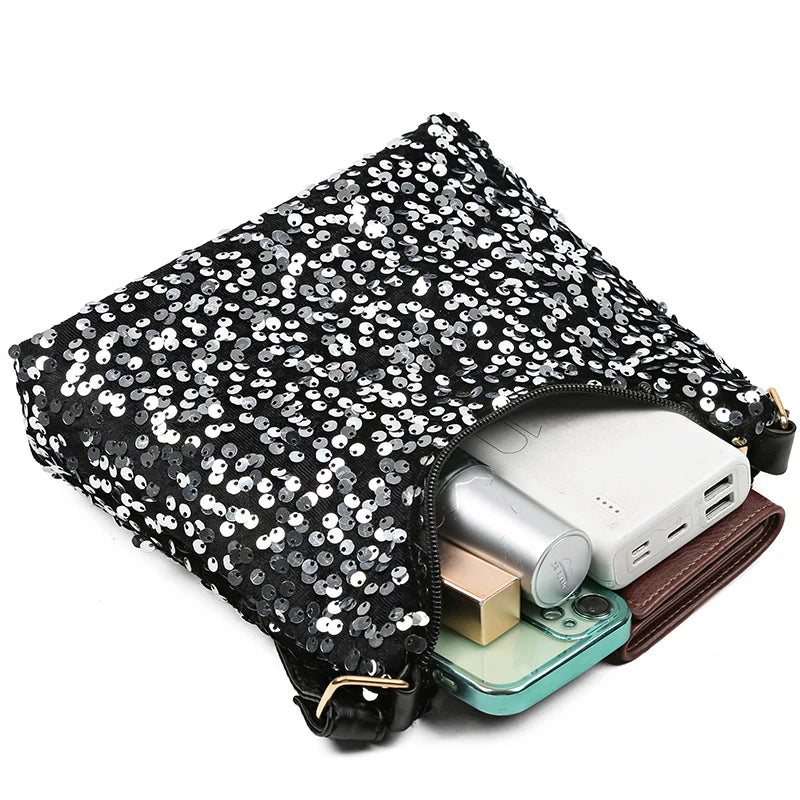 New women's Korean fashion bag with sequin decoration, versatile square shoulder purse, trendy small handbag for daily wear